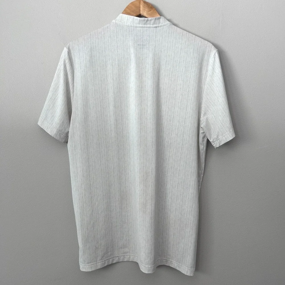 Adidas Golf Shirt Men M White Grey Striped Henley Banded Collar Short Sleeve